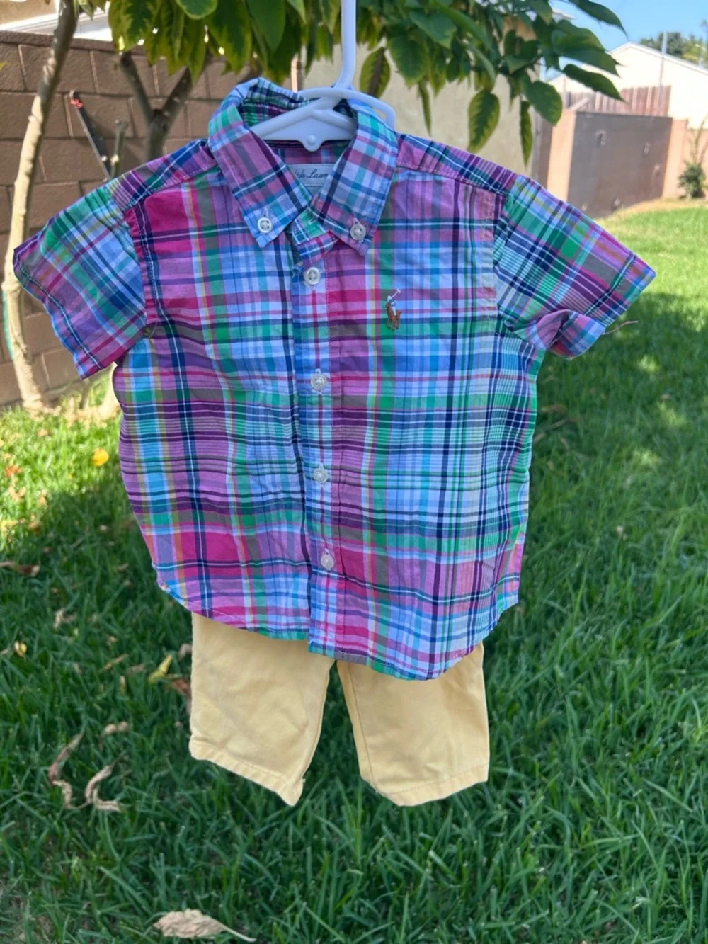 Ralph Lauren Short-Sleeve Plaid Button-Down Shirt in Pink, Green & Blue